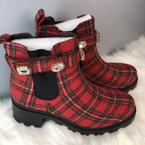 SUGAR-Favorite Red Black Plaid Rhinestone Chunky Heel Chelsea Ankle Boot - Picture 11 of 16